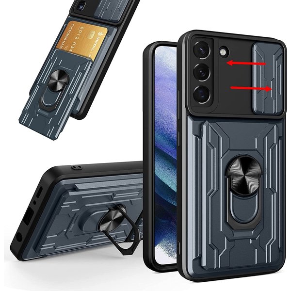 oTronica Hoesje Geschikt Voor Samsung Galaxy S22 Plus hoesje met pashouder - camera bescherming cover en ring houder – Grijs – oTronica