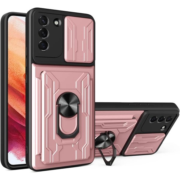 oTronica Hoesje Geschikt Voor Samsung Galaxy S21 Plus hoesje met pashouder - camera bescherming cover en ring houder – Rosegoud – oTronica