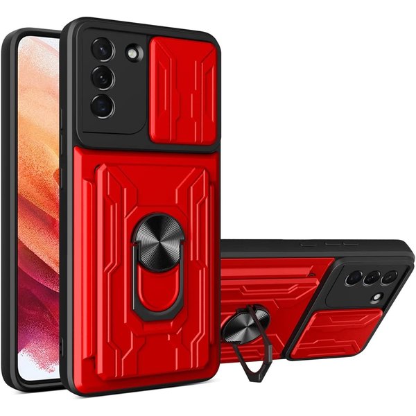 oTronica Hoesje Geschikt Voor Samsung Galaxy S21 Plus hoesje met pashouder - camera bescherming cover en ring houder – rood – oTronica
