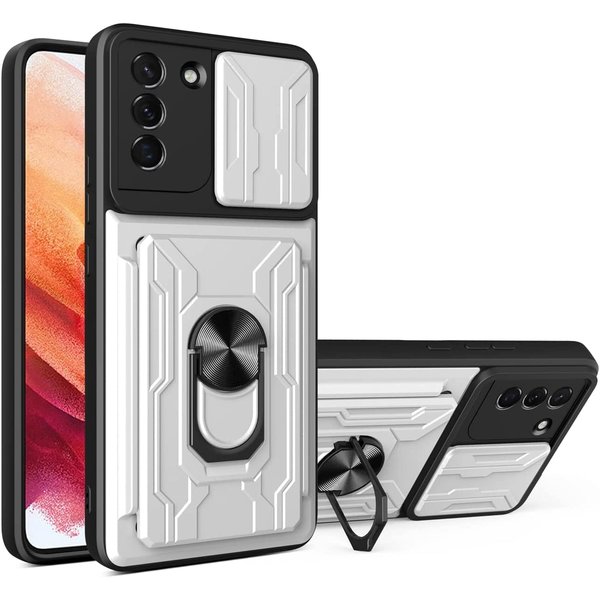 oTronica Hoesje Geschikt Voor Samsung Galaxy S21 Plus hoesje met pashouder - camera bescherming cover en ring houder – Zilver – oTronica