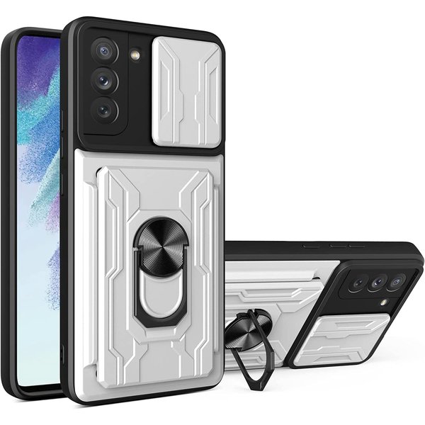 oTronica Hoesje Geschikt Voor Samsung Galaxy S21 FE hoesje met pashouder - camera bescherming cover en ring houder – Zilver – oTronica