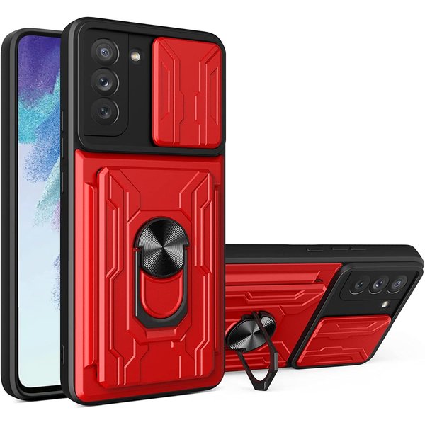 oTronica Hoesje Geschikt Voor Samsung Galaxy S21 hoesje met pashouder - camera bescherming cover en ring houder – rood – oTronica