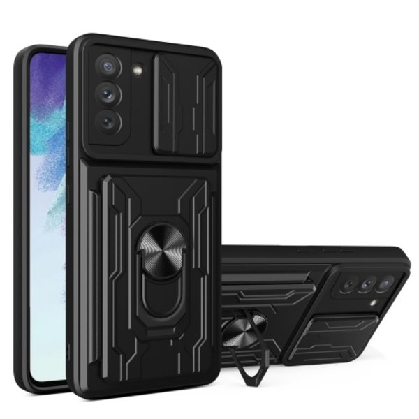 oTronica Geschikt Voor Samsung Galaxy S21 hoesje met pashouder - camera bescherming cover en ring houder – Zwart – oTronica