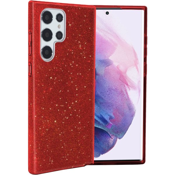 oTronica Hoesje Geschikt Voor Samsung Galaxy S22 Ultra hoesje glitter backcover – Rood – oTronica
