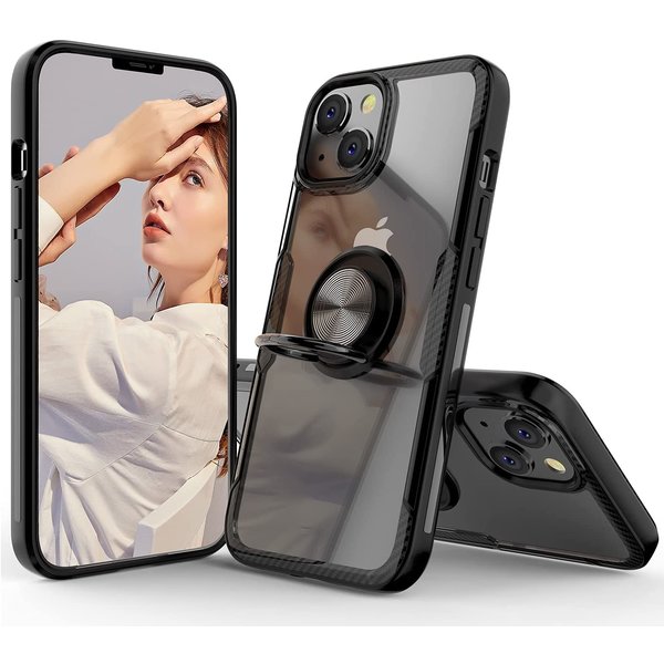 Ntech Hoesje Geschikt voor iPhone 14 Plus hoesje Luxe carbon cover case - Hoesje Geschikt voor iPhone 14 Plus case met Metalen Ring houder - Zwart