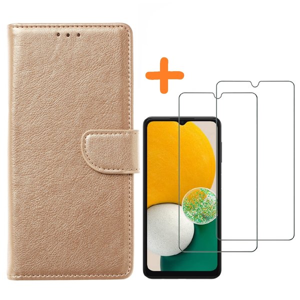 Ntech Hoesje Geschikt Voor Samsung Galaxy A04S / A13 5G hoesje bookcase Met 2x Screenprotector - tempered glass – Goud