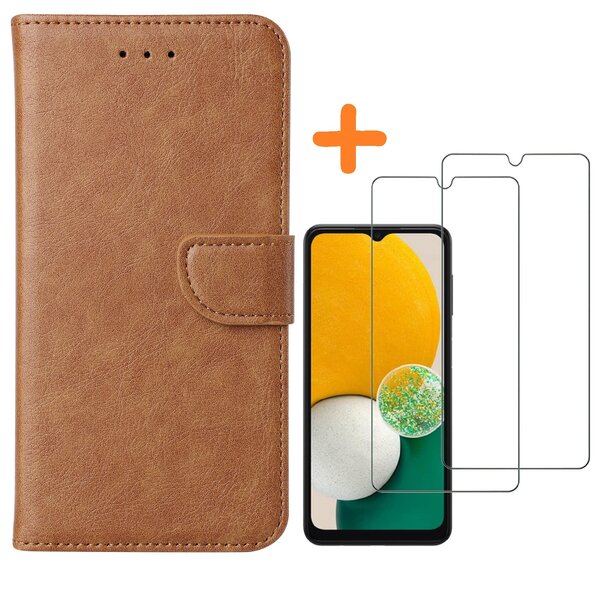 Ntech Hoesje Geschikt Voor Samsung Galaxy A04S / A13 5G hoesje bookcase Met 2x Screenprotector - tempered glass – Bruin