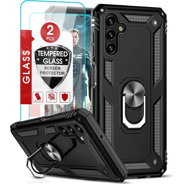 Ntech Hoesje Geschikt Voor Samsung Galaxy A04S Hoesje Anti-Shock Hybrid Armor hoesje Zwart - Hoesje Geschikt Voor Samsung Galaxy A04s / A13 5G ring houder TPU backcover hoesje - screenprotector Galaxy A04S - 2 pack