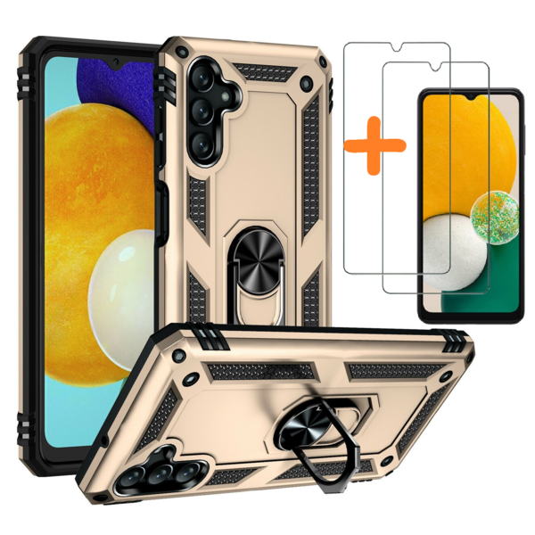 Ntech Hoesje Geschikt Voor Samsung Galaxy A04S Hoesje Anti-Shock Hybrid Armor hoesje Goud - Hoesje Geschikt Voor Samsung Galaxy A04s / A13 5G ring houder TPU backcover hoesje - screenprotector Galaxy A04S - 2 pack