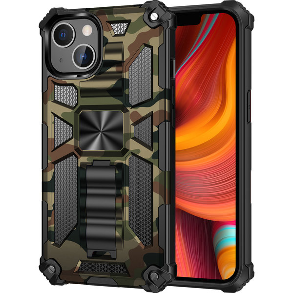 oTronica Geschikt voor iPhone 13 Pro Max hoesje rugged extreme backcover met ring houder Camouflage – Groen