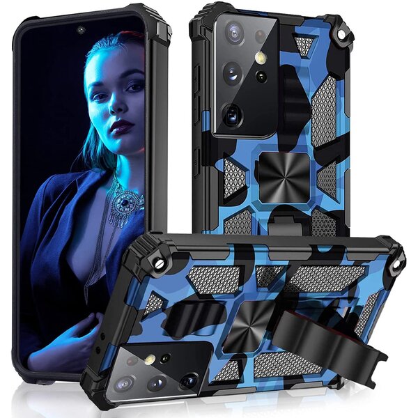 oTronica Hoesje Geschikt Voor Samsung Galaxy S21 Ultra hoesje rugged extreme backcover met ring houder Camouflage - Blauw