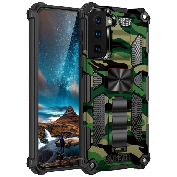 oTronica Hoesje Geschikt Voor Samsung Galaxy S21 Plus hoesje rugged extreme backcover met ring houder Camouflage - Groen