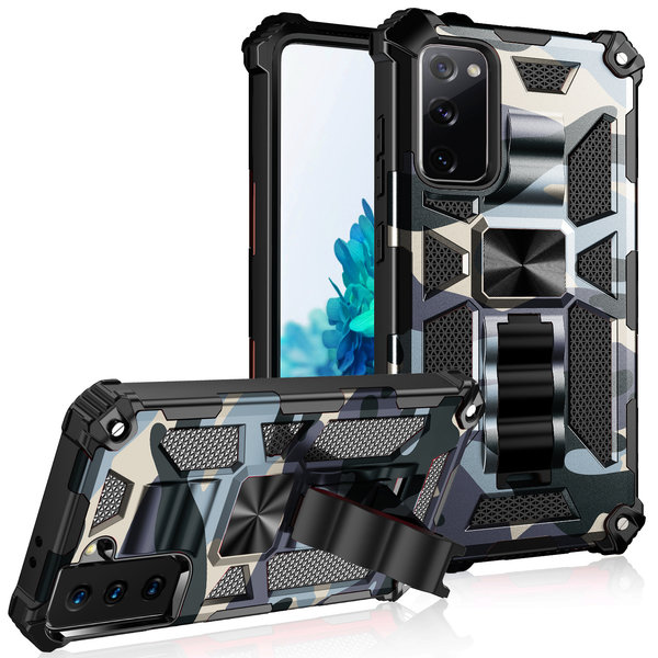 oTronica Hoesje Geschikt Voor Samsung Galaxy S22 hoesje rugged extreme backcover met ring houder Camouflage Marmer - Zwart