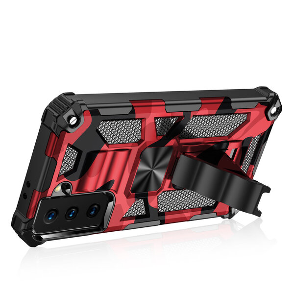 oTronica Hoesje Geschikt Voor Samsung Galaxy S22 hoesje rugged extreme backcover met ring houder Camouflage - Rood