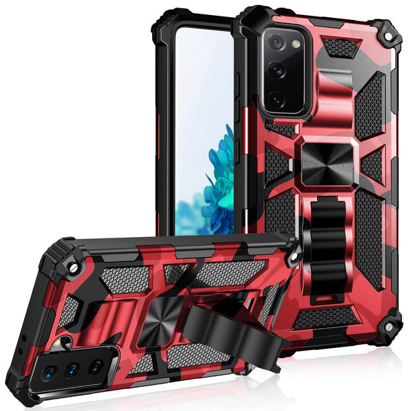oTronica Hoesje Geschikt Voor Samsung Galaxy S20 FE hoesje rugged extreme backcover met ring houder Camouflage - Rood
