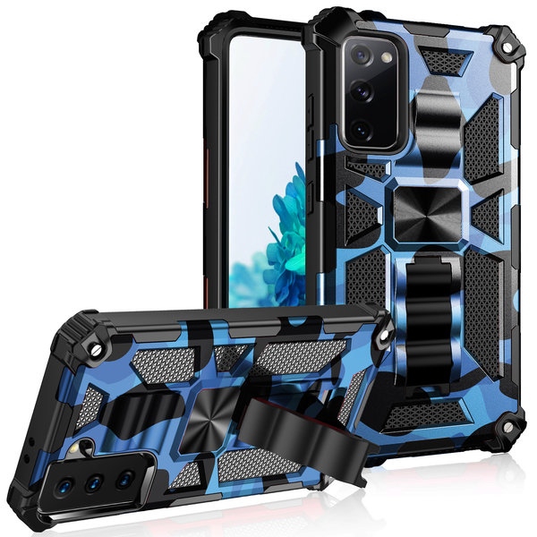 oTronica Hoesje Geschikt Voor Samsung Galaxy S20 FE hoesje rugged extreme backcover met ring houder Camouflage - Blauw