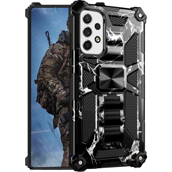 oTronica Hoesje Geschikt Voor Samsung Galaxy A52 hoesje rugged extreme backcover met ring houder Camouflage Marmer - Zwart