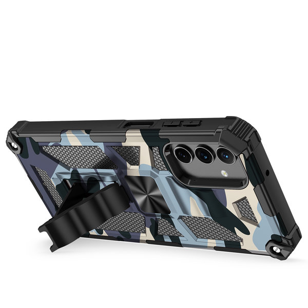 oTronica Hoesje Geschikt Voor Samsung Galaxy A52 hoesje rugged extreme backcover met ring houder Camouflage - Marine Blauw