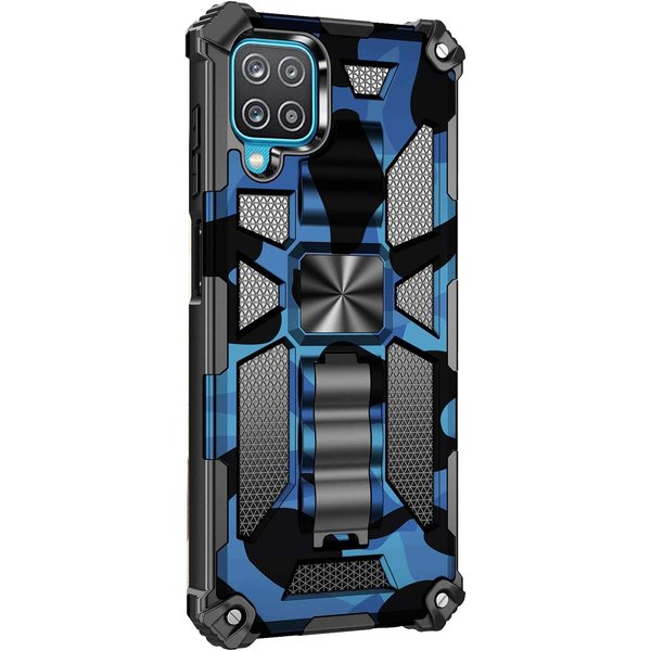 oTronica Hoesje Geschikt Voor Samsung Galaxy A12 5G hoesje rugged extreme backcover met ring houder Camouflage - Blauw
