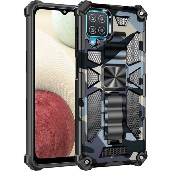 oTronica Hoesje Geschikt Voor Samsung Galaxy A12 5G hoesje rugged extreme backcover met ring houder Camouflage - Marine Blauw