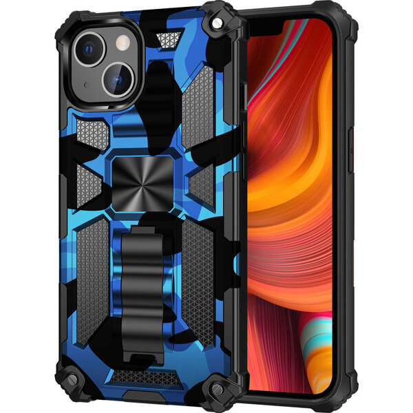 oTronica Geschikt voor iPhone 13 hoesje rugged extreme backcover met ring houder Camouflage - Blauw
