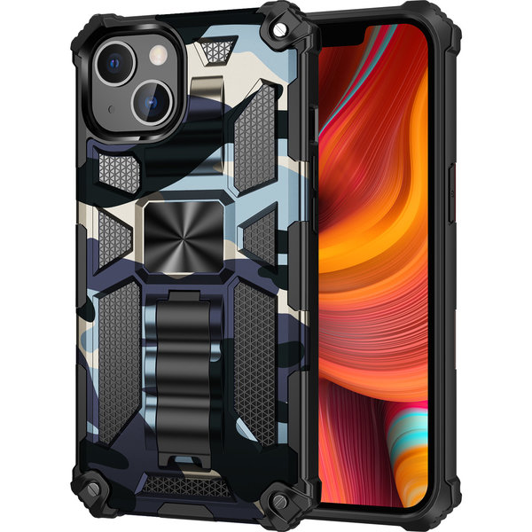 oTronica Geschikt voor iPhone 13 hoesje rugged extreme backcover met ring houder Camouflage - Marine Blauw