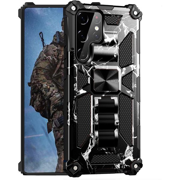 oTronica Hoesje Geschikt Voor Samsung Galaxy S22 Ultra hoesje rugged extreme backcover met ring houder Camouflage Marmer - Zwart