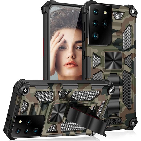 oTronica Hoesje Geschikt Voor Samsung Galaxy S21 Ultra hoesje rugged extreme backcover met ring houder Camouflage - Groen