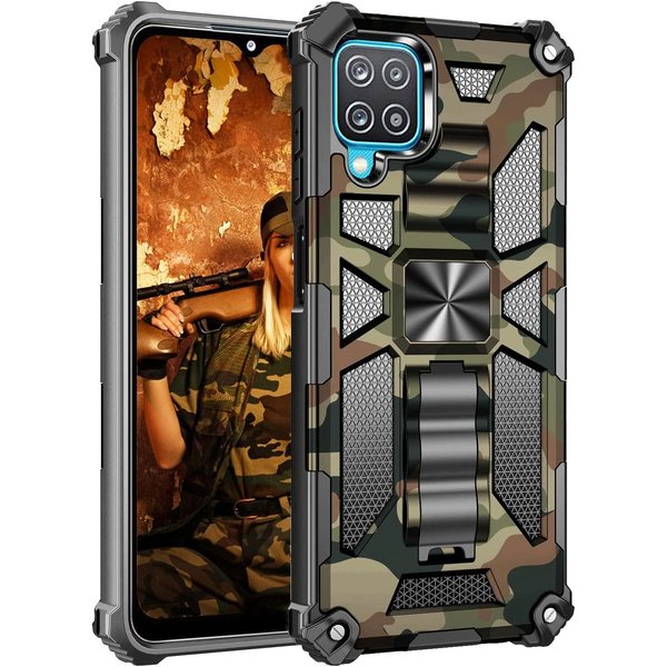 oTronica Hoesje Geschikt Voor Samsung Galaxy A12 5G hoesje rugged extreme backcover met ring houder Camouflage - Groen