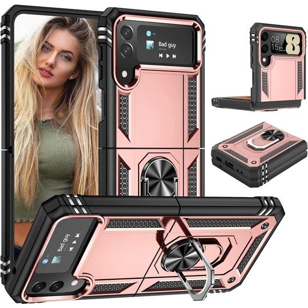 Ntech Samsung Galaxy Z Flip 4 hoesje met Ring Houder - Anti-Shock Hybrid Armor case - Rosegoud