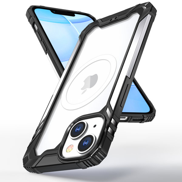 Ntech Hoesje Geschikt voor iPhone 14 Plus met magnetisch Ring Shockproof bumper case – Zilver