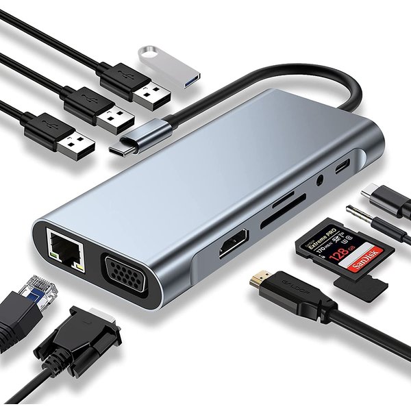 Ntech USB C Hub 11 Poorten - Docking Station Laptop Grenect USB C Kabel – USB-C naar HDMI 4K, USB-A 3.0, USB-A 2.0 en SD/TF kaartlezer - Opladen met Voeding via USB C - Data-Hub voor Macbook, iPad Air/Pro, Dell, HP, Samsung Galaxy etc