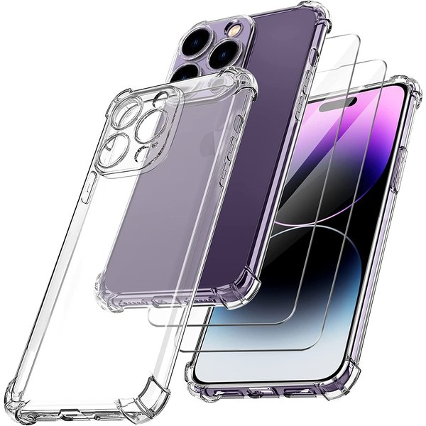 Ntech Hoesje Geschikt voor iPhone 14 Pro met Extra Camera Bescherming Doorzichtig Shockproof backcover incl 2x screenprotector tempered glass – Transparant