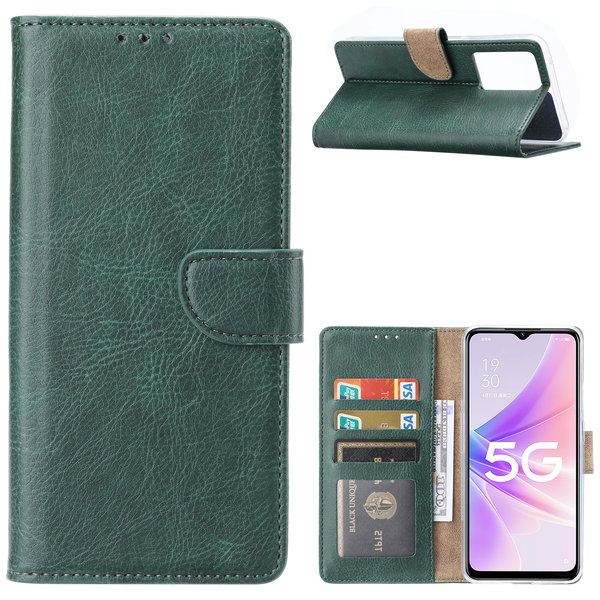 Ntech Hoesje Geschikt voor Oppo A57 5G Hoesje met Pasjeshouder Groen - Hoesje Geschikt voor Oppo A57 hoesje Luxe Booktype Portemonnee case