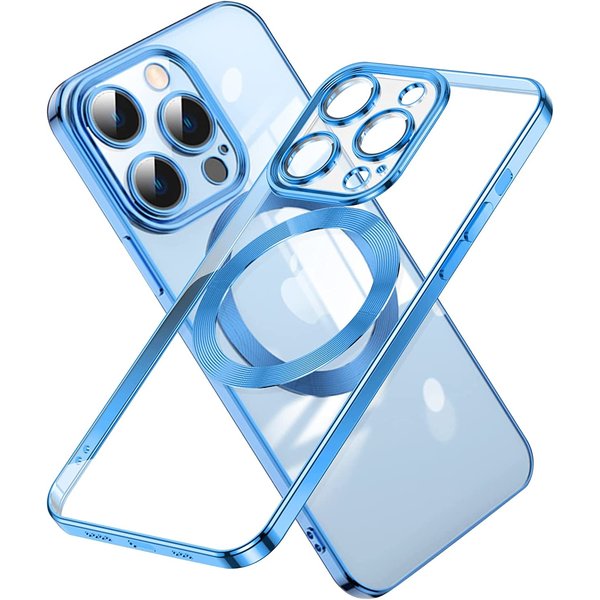 Ntech Hoesje Geschikt voor iPhone 14 Pro Max – Met Magnetisch Ring Magesafe compatibel backcover – Lens beschermer – Transparant / Blauw