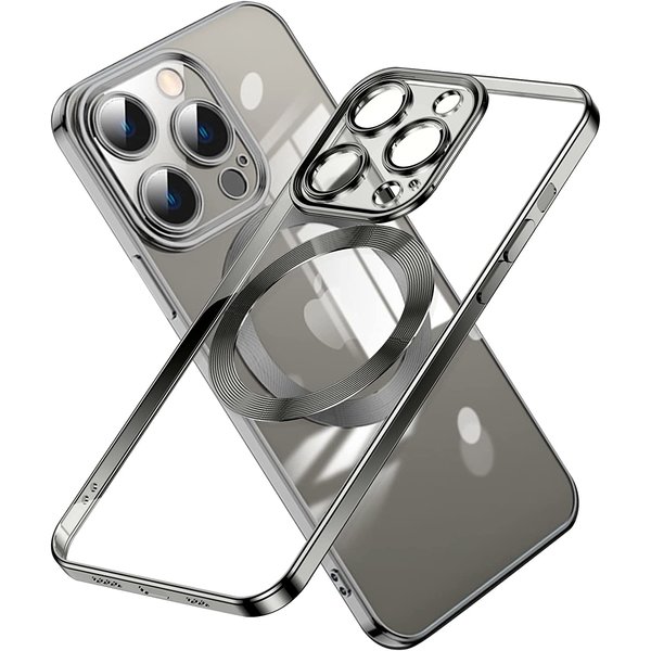 Ntech Hoesje Geschikt voor iPhone 14 Pro Max – Met Magnetisch Ring Magesafe compatibel backcover – Lens beschermer – Transparant / Zwart