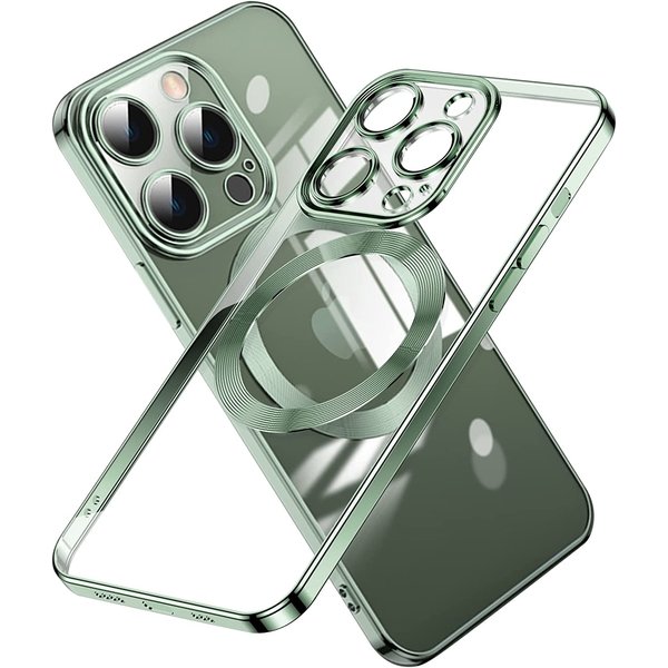 Ntech Hoesje Geschikt voor iPhone 14 Pro – Met Magnetisch Ring Magesafe compatibel backcover – Lens beschermer – Transparant / Groen