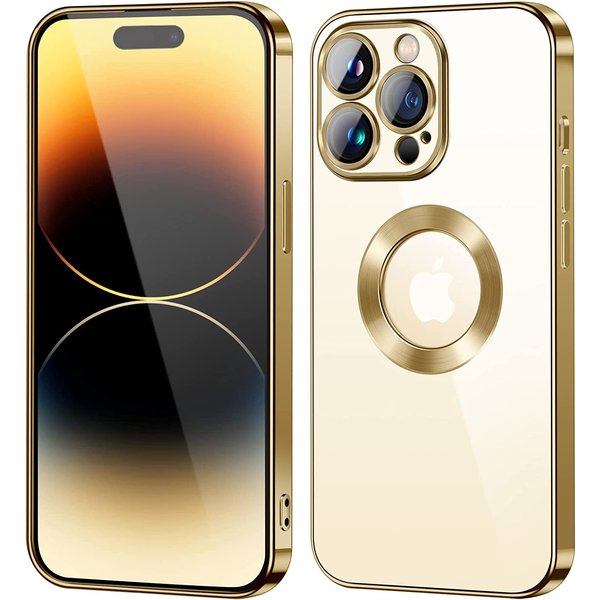 Ntech Hoesje Geschikt voor iPhone 14 Pro – Met Magnetisch Ring Magesafe compatibel backcover – Lens beschermer – Transparant / Goud