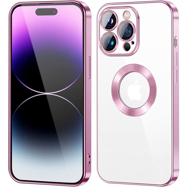 Ntech Hoesje Geschikt voor iPhone 14 Pro – Met Magnetisch Ring Magesafe compatibel backcover – Lens beschermer – Transparant / Rosegoud