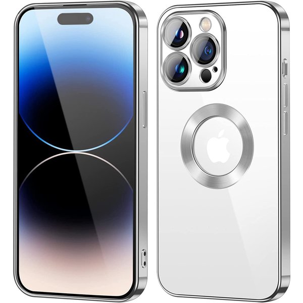 Ntech Hoesje Geschikt voor iPhone 14 Pro – Met Magnetisch Ring Magesafe compatibel backcover – Lens beschermer – Transparant / Zilver
