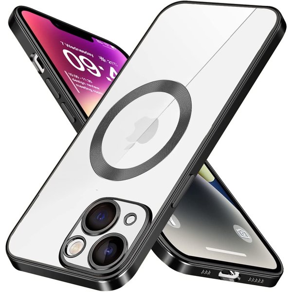 Ntech Hoesje Geschikt voor iPhone 14 – Met Magnetisch Ring Magesafe compatibel backcover – Lens beschermer – Transparant / Zwart