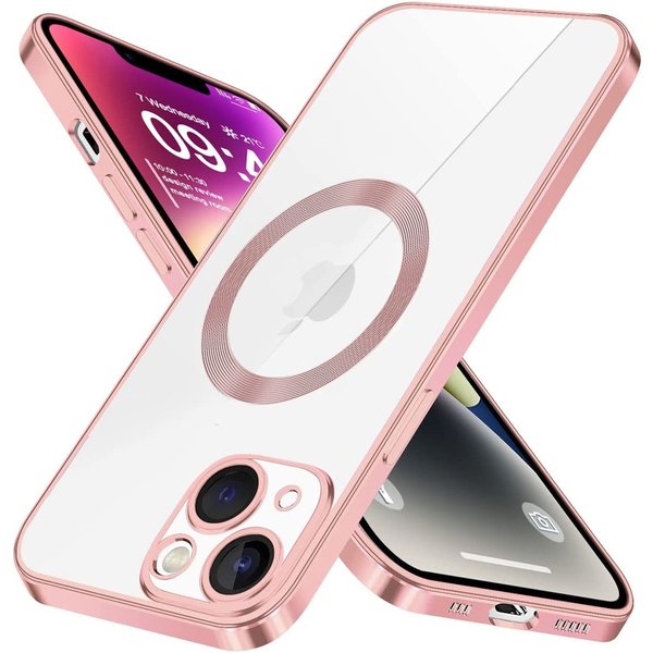 Ntech Hoesje Geschikt voor iPhone 14 Magsafe hoes backcover – Lens beschermer – Transparant / Rosegoud