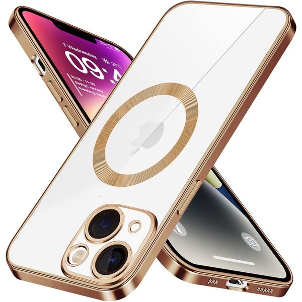 Ntech Hoesje Geschikt voor iPhone 14 – Met Magnetisch Ring Magesafe compatibel backcover – Lens beschermer – Transparant / Goud