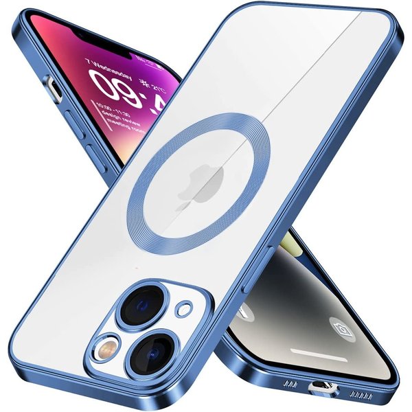 Ntech Hoesje Geschikt voor iPhone 14 – Met Magnetisch Ring Magesafe compatibel backcover – Lens beschermer – Transparant / Blauw