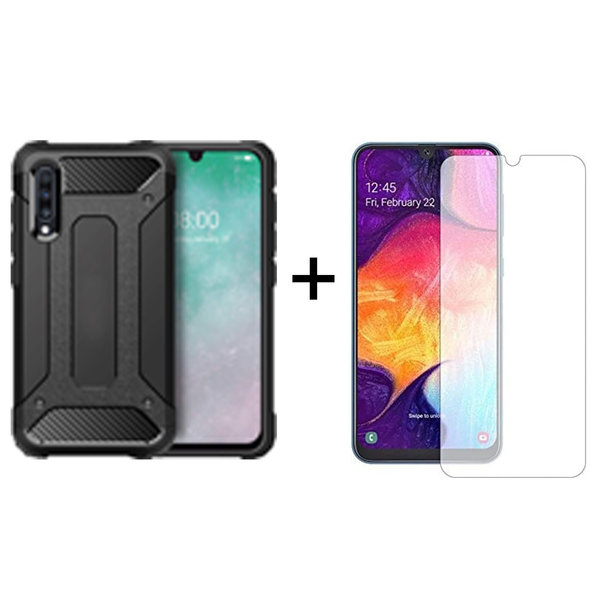 Ntech Ntech Hoesje Geschikt Voor Samsung Galaxy A50 hoesje - Met Screenprotector Rugged Armor Hoesje - Shockproof case - Zwart