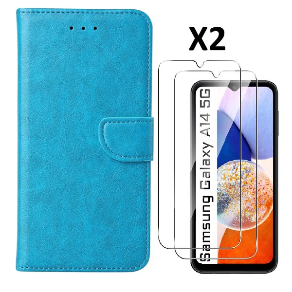 Ntech Hoesje Geschikt Voor Samsung Galaxy A14 5G /4G Hoesje met Pasjeshouder - bookcase Portemonnee – Met 2x Screenprotector / gehard glas – Blauw