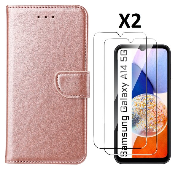 Ntech Hoesje Geschikt Voor Samsung Galaxy A14 5G /4G Hoesje met Pasjeshouder - bookcase Portemonnee – Met 2x Screenprotector / gehard glas – Rosegoud