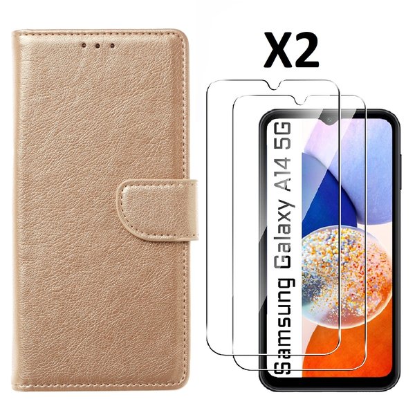 Ntech Samsung A14 5G /4G  Hoesje met Pasjeshouder - bookcase Portemonnee – Met 2x Screenprotector / gehard glas – Goud
