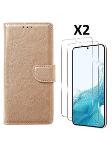 Ntech Samsung S23 bookcase met 2x screenprotector Goud