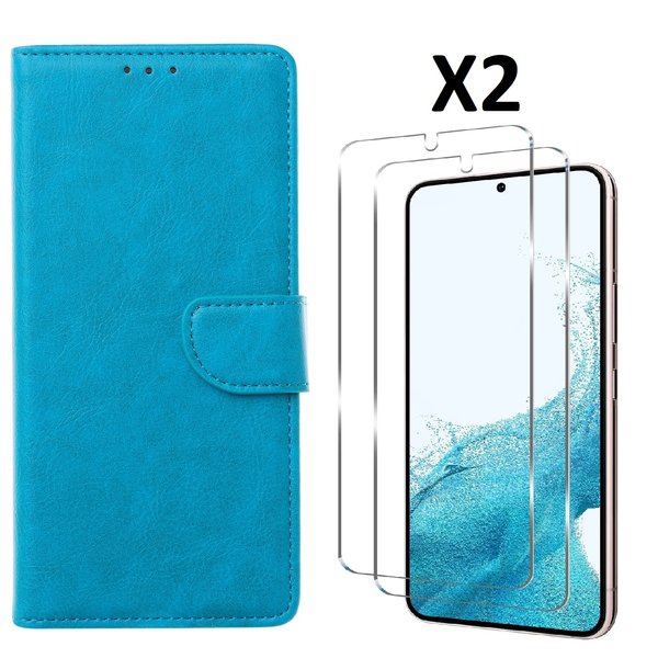 Ntech Hoesje Geschikt Voor Samsung Galaxy S23 Hoesje met Pasjeshouder - bookcase – Met 2x Screenprotector / gehard glas – Blauw